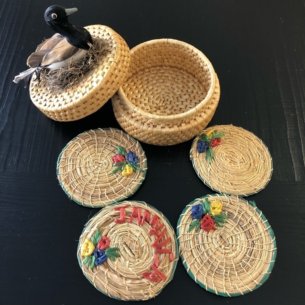 Vintage Handmade Souvenir Woven Rattan Coaster and Lidded Caddy Set from Jamaica
